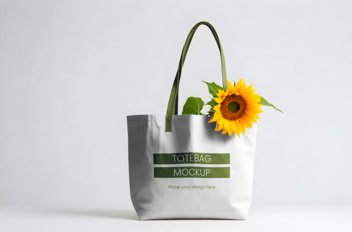 Bolsa de tecido branca com alças verdes e girassol saindo de dentro, sobre fundo claro.