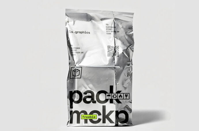 Embalagem metálica prateada amassada com tipografia preta moderna e selo de envio impresso.