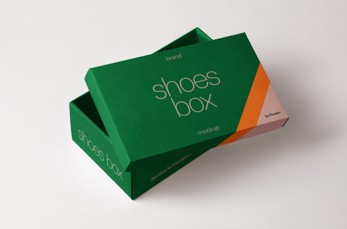 Caixa de sapatos verde e laranja aberta, com design gráfico elegante e tipografia fina.