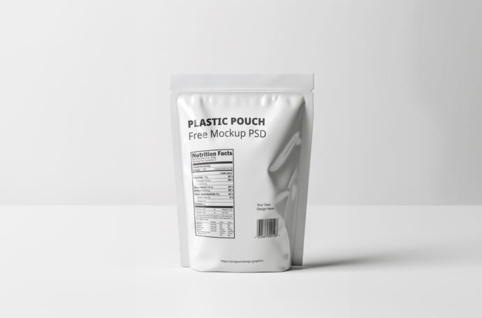 Embalagem plástica branca em pé com rótulo nutricional e tipografia preta sobre fundo neutro.